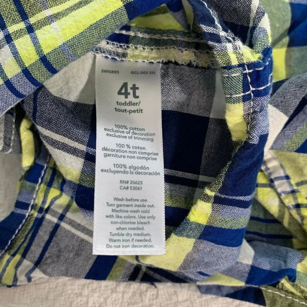 5/$25 Carter's‎ Toddler Boys 4T Plaid Button Down Shirt Navy Lime Green Dinosaur